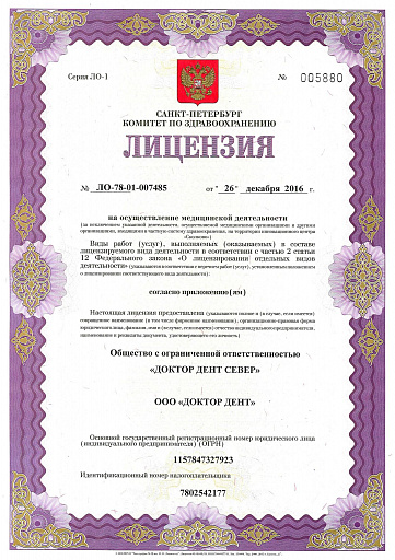 Лицензия на осуществление медицинской деятельности клиники на пр. Просвещения д.15 (26 декабря 2016)